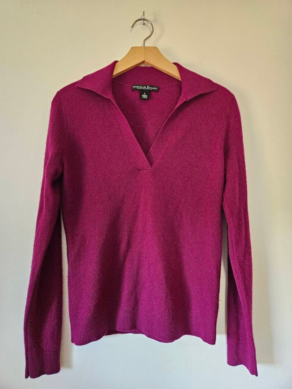 Marina Luna 100% Cashmere Sweater Small Raspberry Pink Collared V Neck 2 Ply